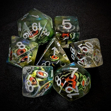 Demon Eye in Clear & Green Resin - 7pcs RPG Full Dice Set